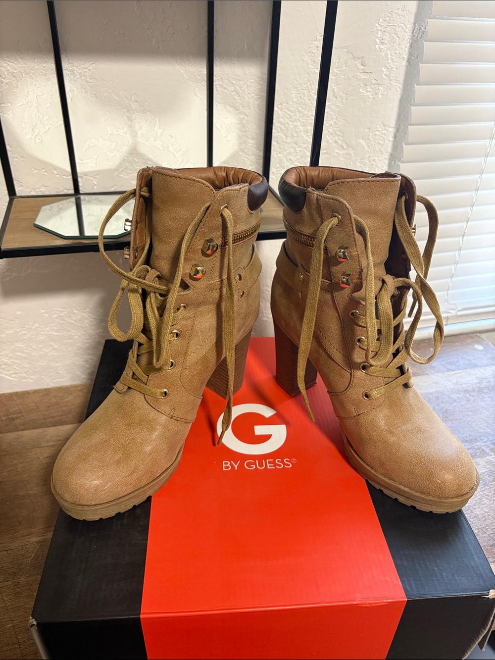 G by Guess Tan Lace-Up Chunky Heel Ankle Boots
